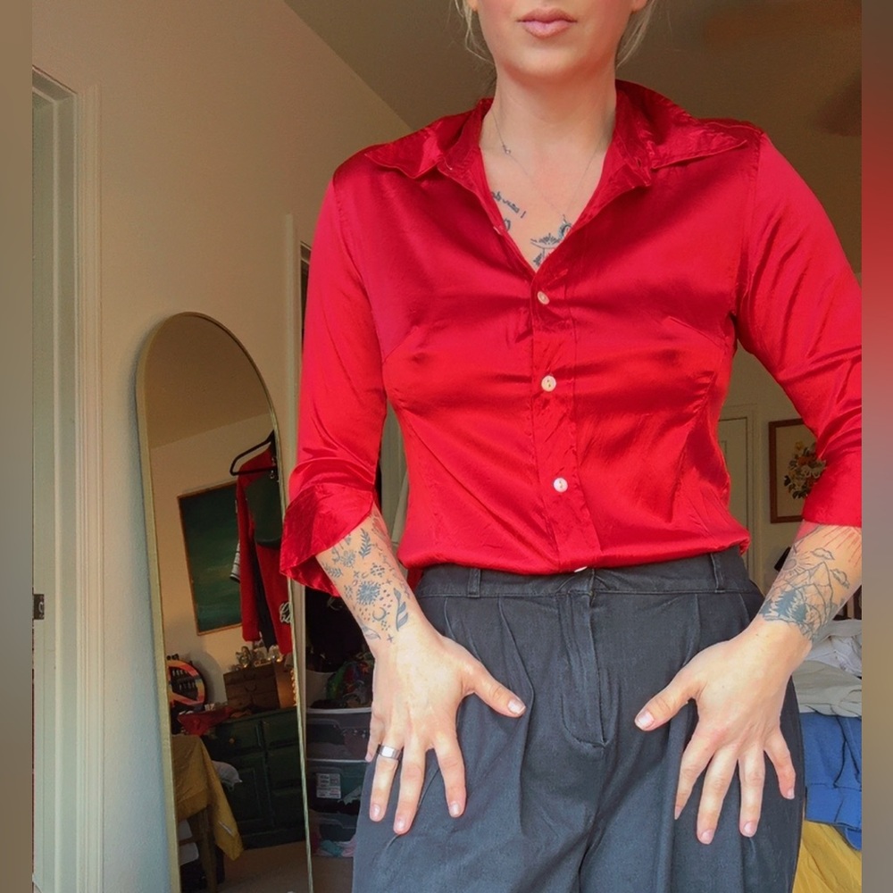 90’s Red Newport News Red Satin Shirt